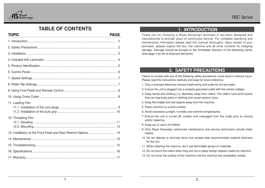 Royal Sovereign RSC-1650H owner manual Table of Contents 