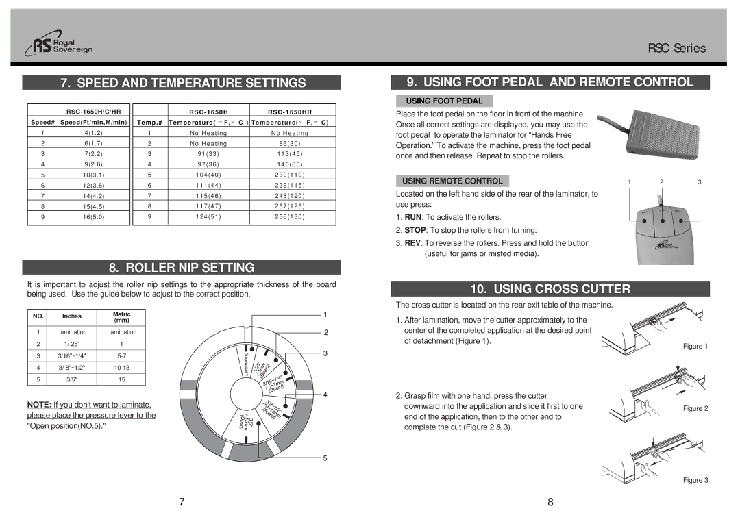 Royal Sovereign RSC-1650H Speed and Temperature Settings, Roller NIP Setting, Using Foot Pedal and Remote Control 