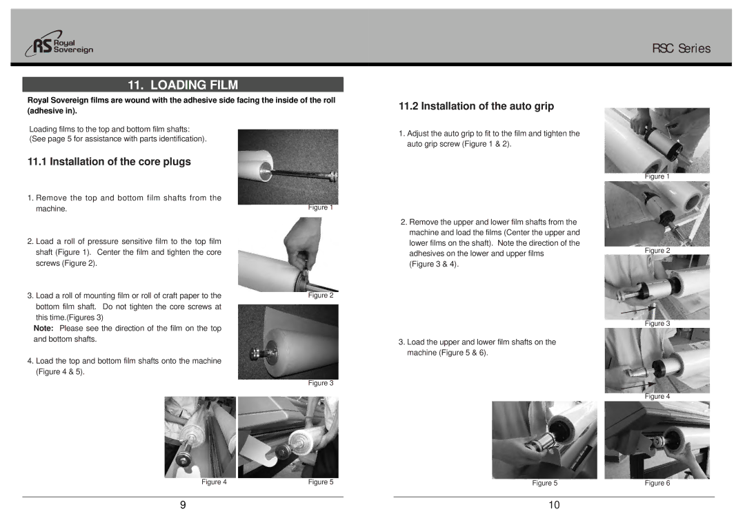 Royal Sovereign RSC-1650H owner manual Loading Film, Installation of the core plugs, Installation of the auto grip 