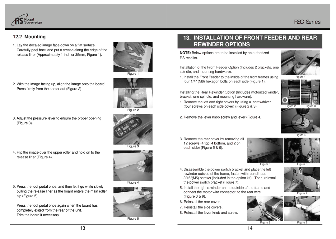 Royal Sovereign RSC-1650H owner manual Installation of Front Feeder and Rear Rewinder Options, Mounting 