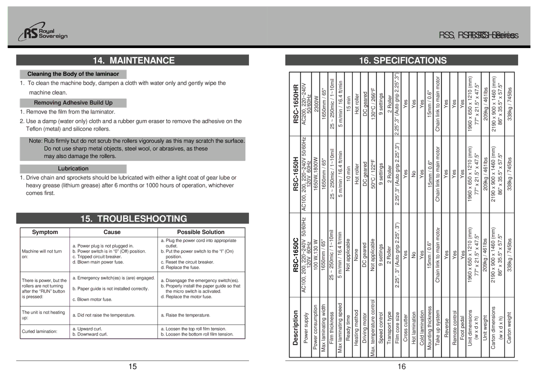 Royal Sovereign RSC-1650H owner manual Maintenance, Troubleshooting, Specifications 