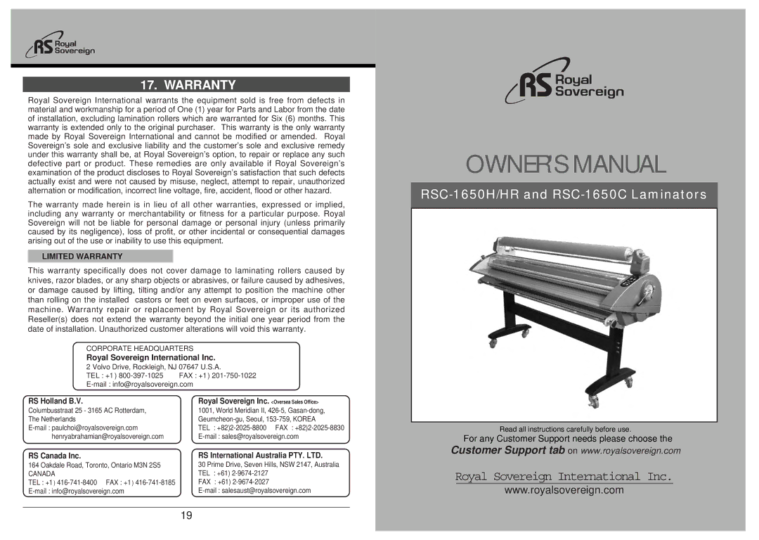 Royal Sovereign RSC-1650HR, RSC Series owner manual Warranty, Royal Sovereign International Inc 