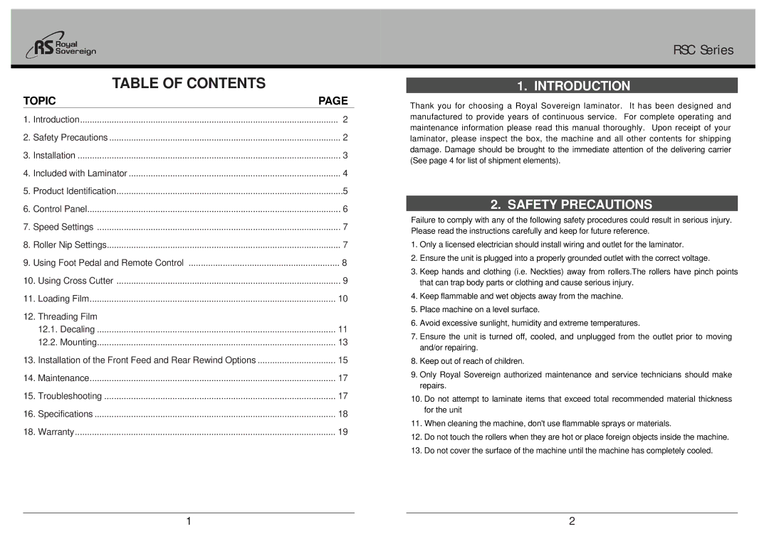 Royal Sovereign RSC Series, RSC-1650HR owner manual Table of Contents 