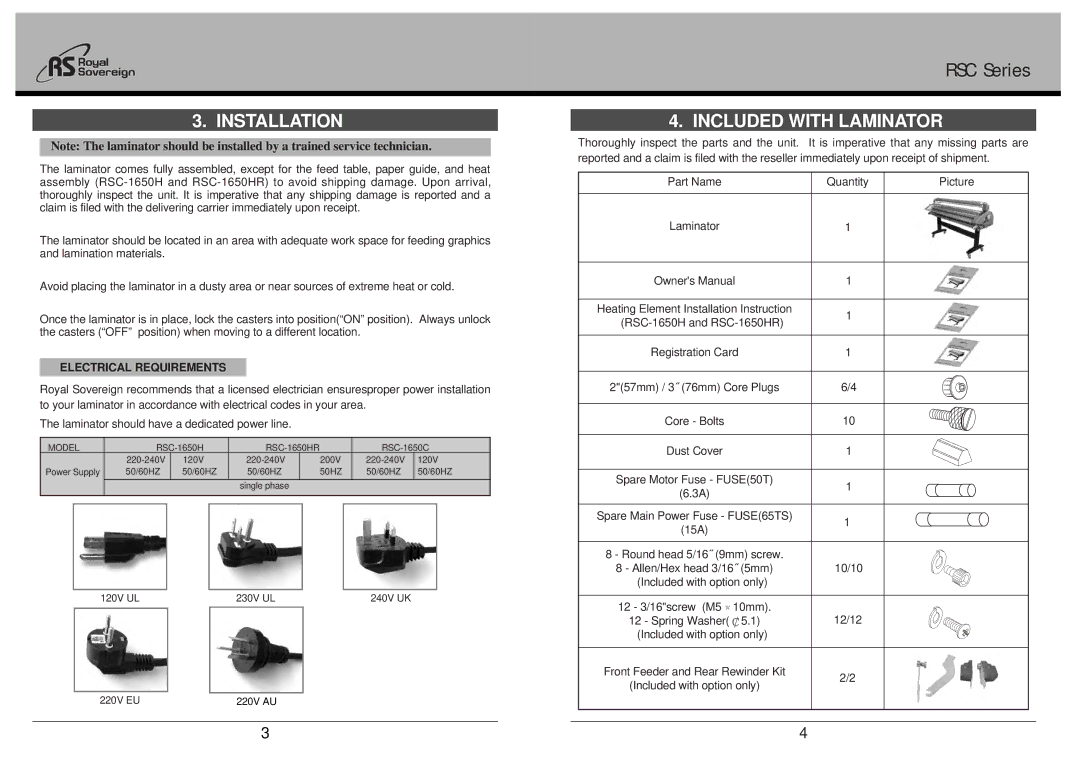 Royal Sovereign RSC-1650HR, RSC Series owner manual Installation, Included with Laminator 