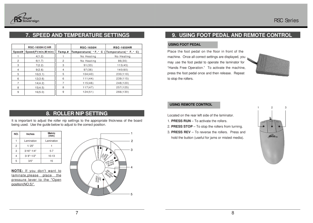 Royal Sovereign RSC Series Speed and Temperature Settings, Roller NIP Setting, Using Foot Pedal and Remote Control 