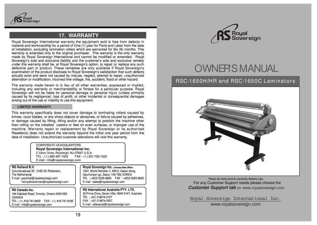 Royal Sovereign RSC-1650HR owner manual RSC-1650H/HR and RSC-1650C Laminators, Limited Warranty, Owners Manual 