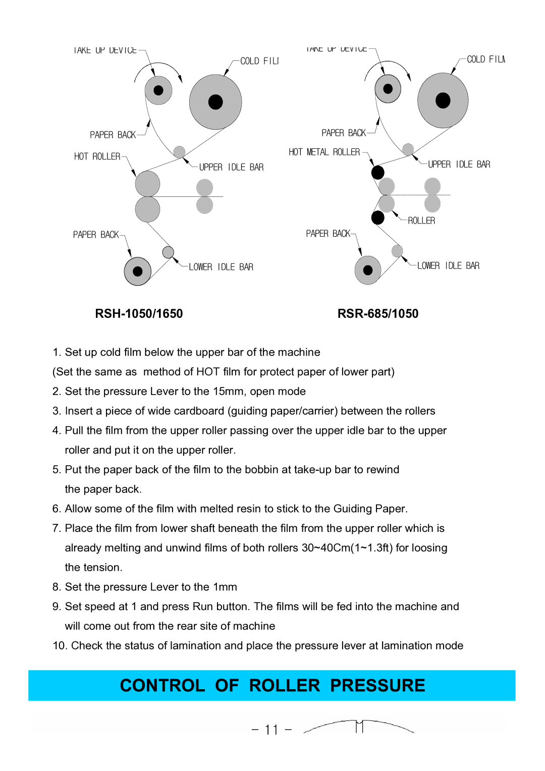 Royal Sovereign owner manual Control of Roller Pressure, RSH-1050/1650RSR-685/1050 