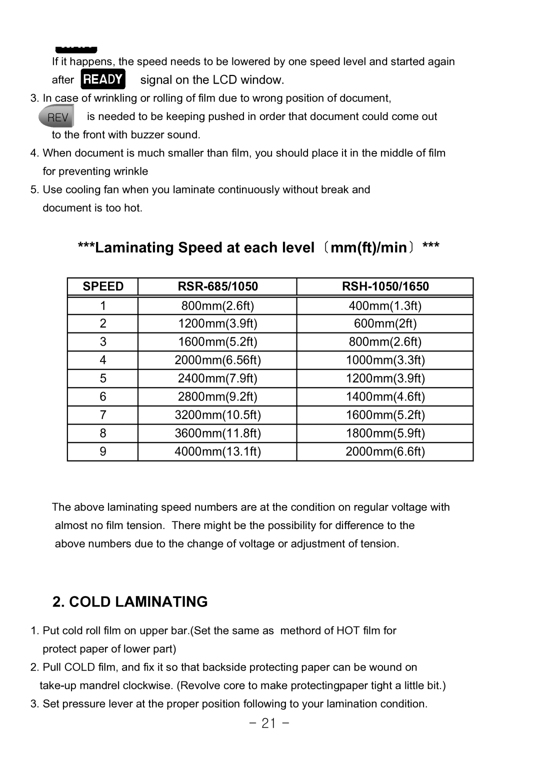 Royal Sovereign owner manual Laminating Speed at each level〔mmft/min〕, Cold Laminating, RSR-685/1050 RSH-1050/1650 