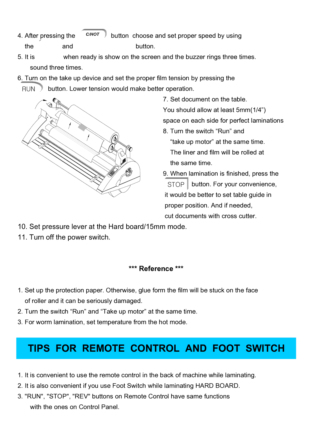 Royal Sovereign RSH-1050, 1650, RSR-685 owner manual Tips for Remote Control and Foot Switch, Reference 