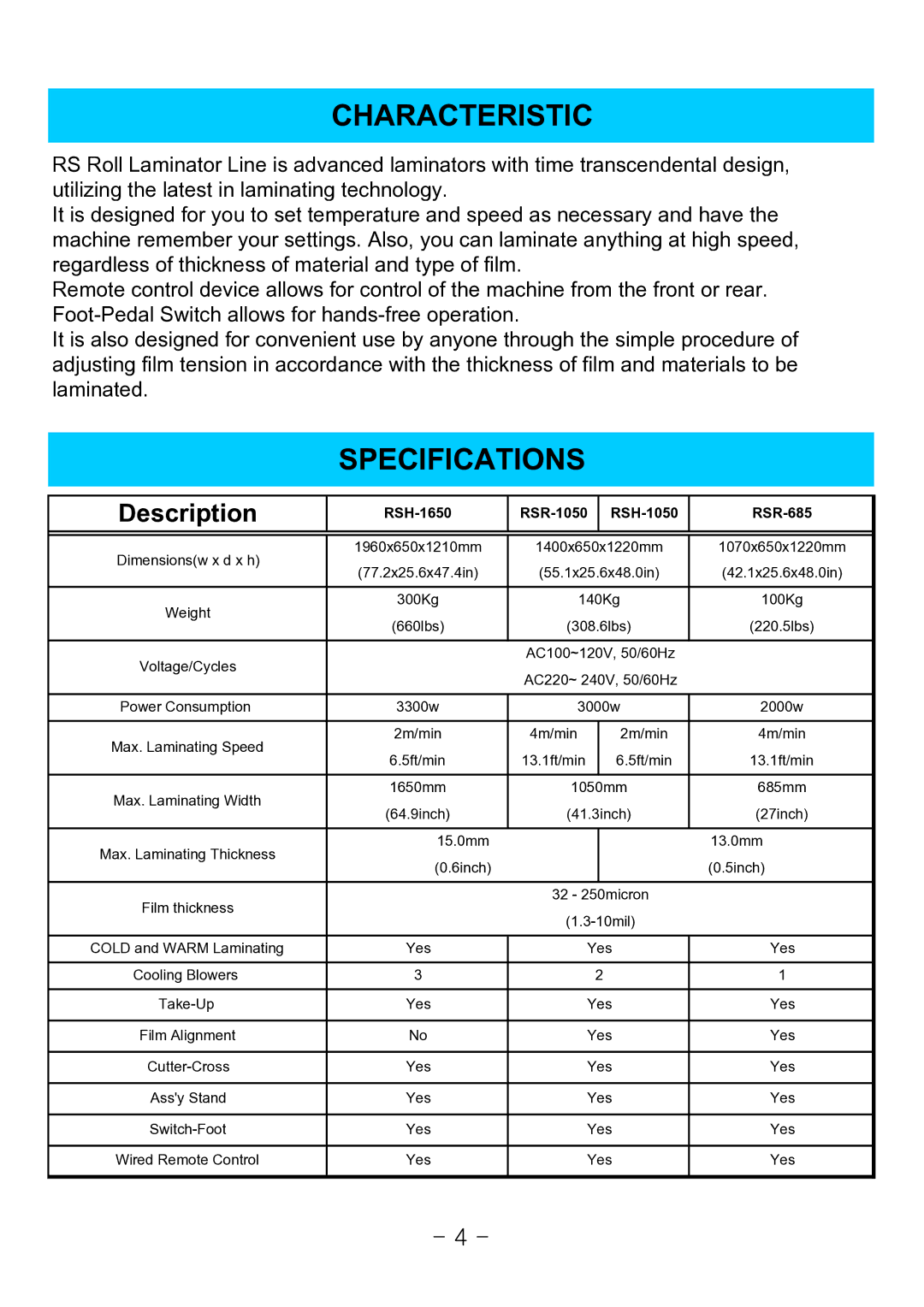 Royal Sovereign RSH-1050, 1650, RSR-685 owner manual Characteristic, Specifications, Description 