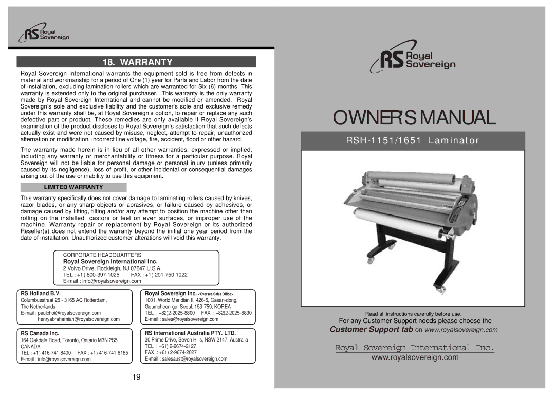 Royal Sovereign RSH-1651, RSH-1151 owner manual Limited Warranty 