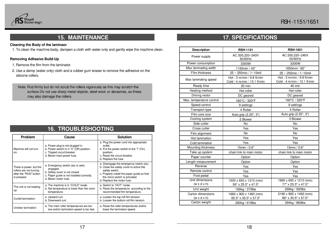 Royal Sovereign RSH-1151, RSH-1651 owner manual Maintenance, Troubleshooting, Specifications 