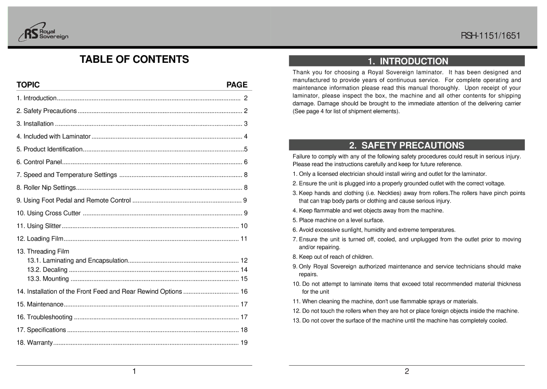 Royal Sovereign RSH-1151, RSH-1651 owner manual Table of Contents 