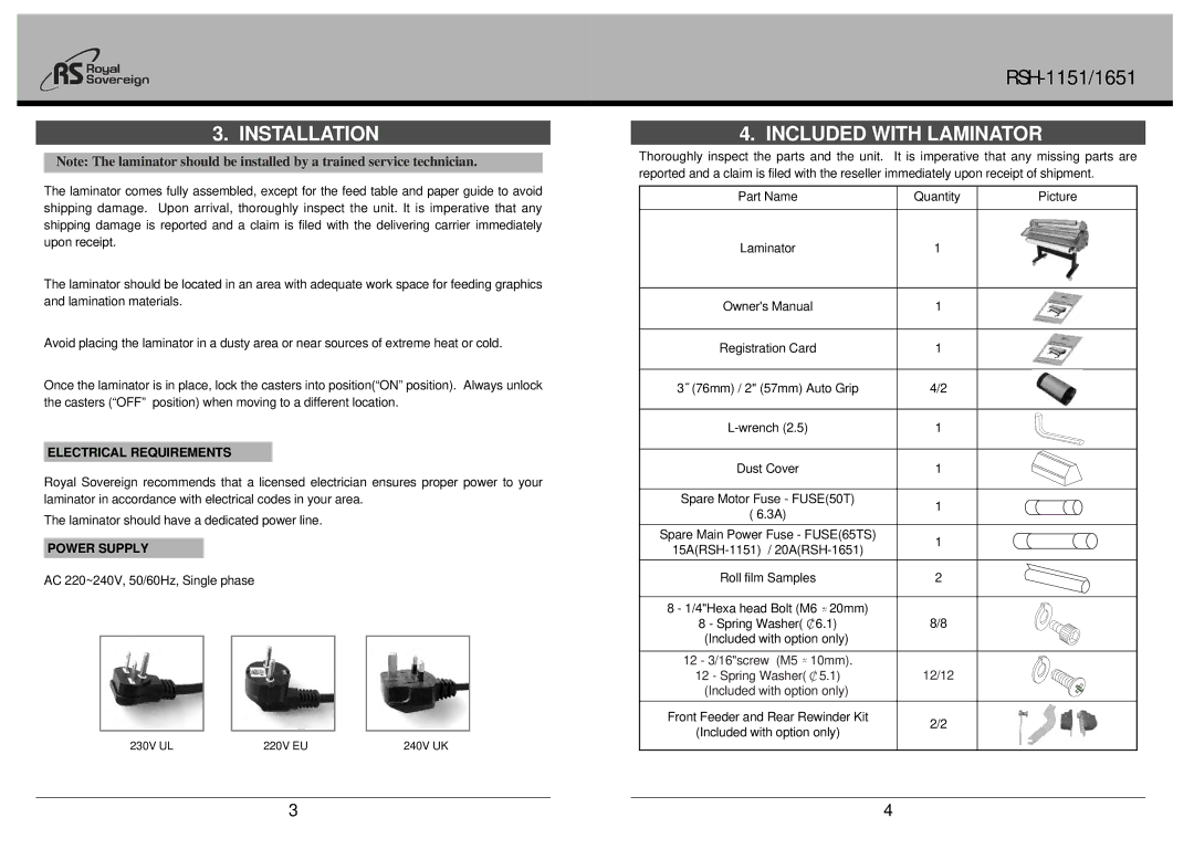 Royal Sovereign RSH-1651, RSH-1151 owner manual Installation, Included with Laminator, Electrical Requirements, Power Supply 