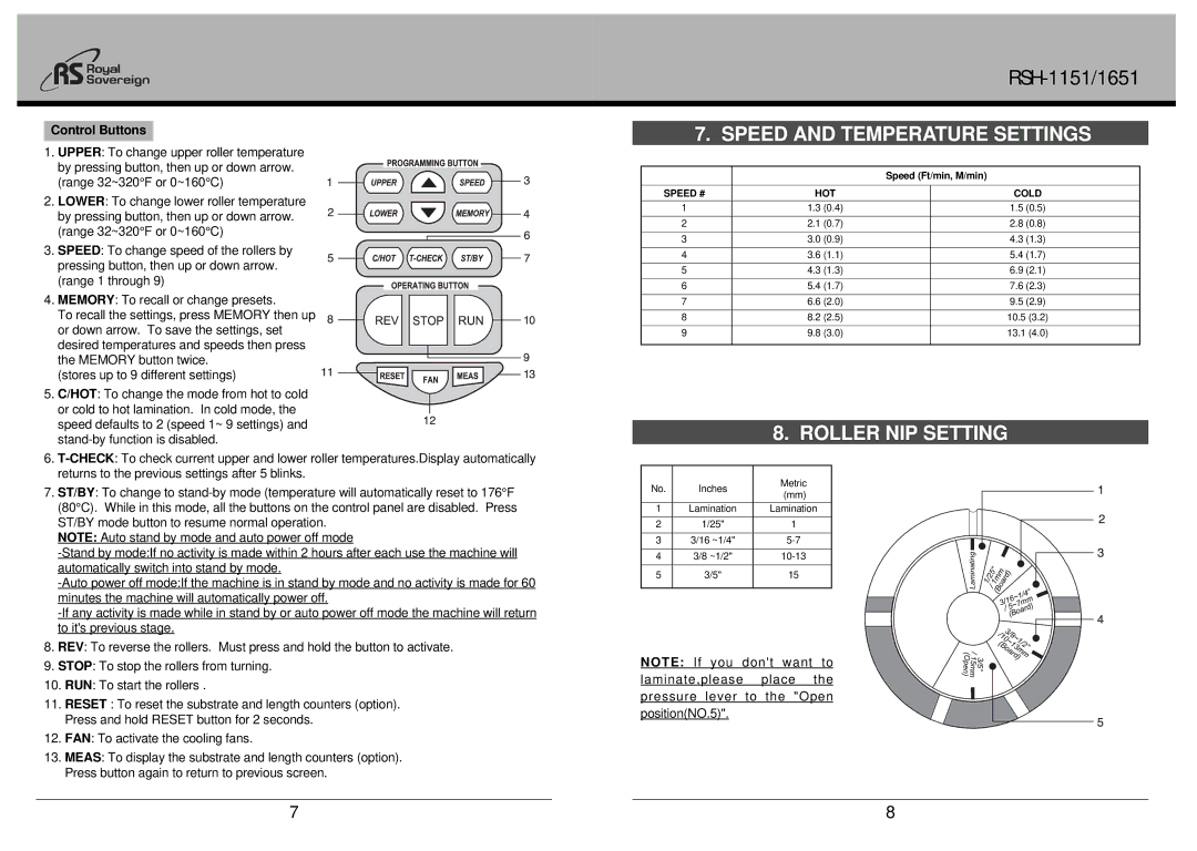 Royal Sovereign RSH-1651, RSH-1151 owner manual Speed and Temperature Settings, Roller NIP Setting, Control Buttons 