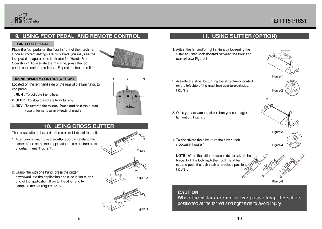 Royal Sovereign RSH-1151, RSH-1651 Using Foot Pedal and Remote Control, Using Cross Cutter, Using Slitter Option 