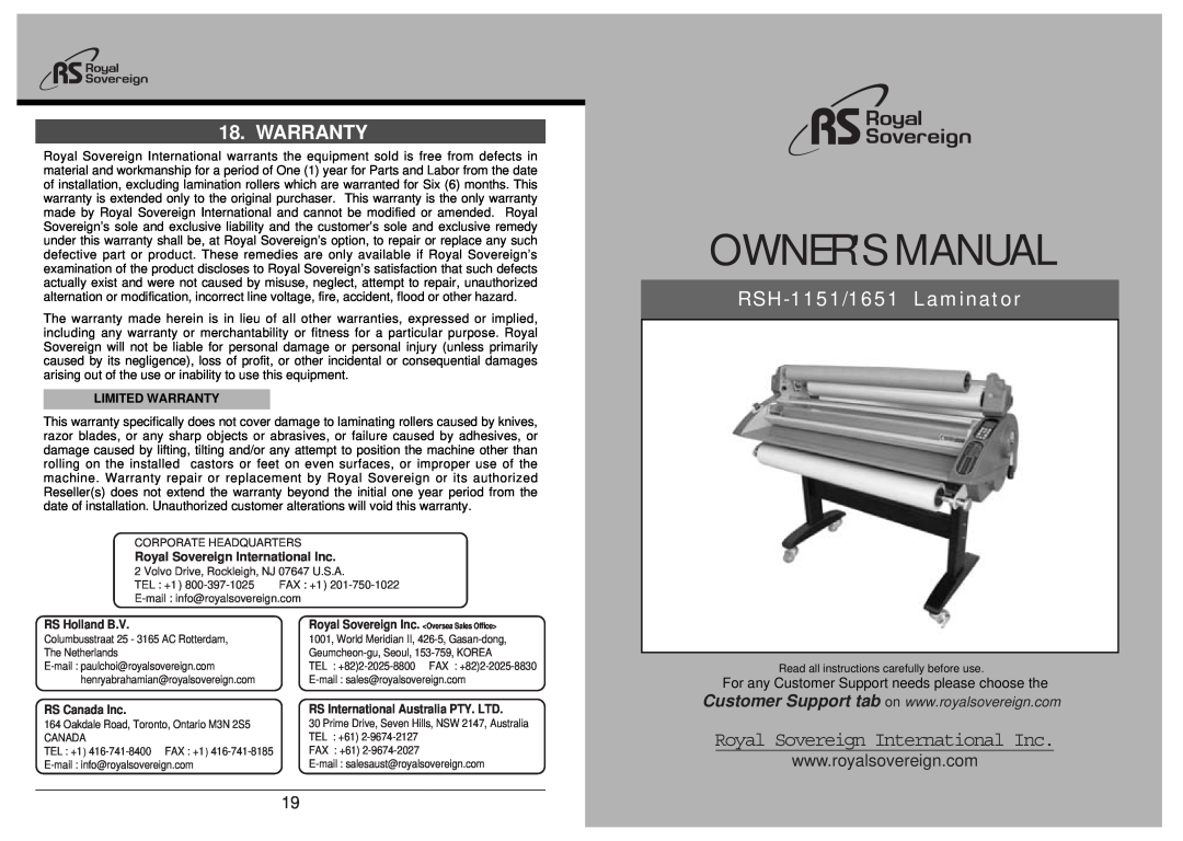 Royal Sovereign RSH-1651, RSH-1151 owner manual Warranty, For any Customer Support needs please choose the, Owners Manual 