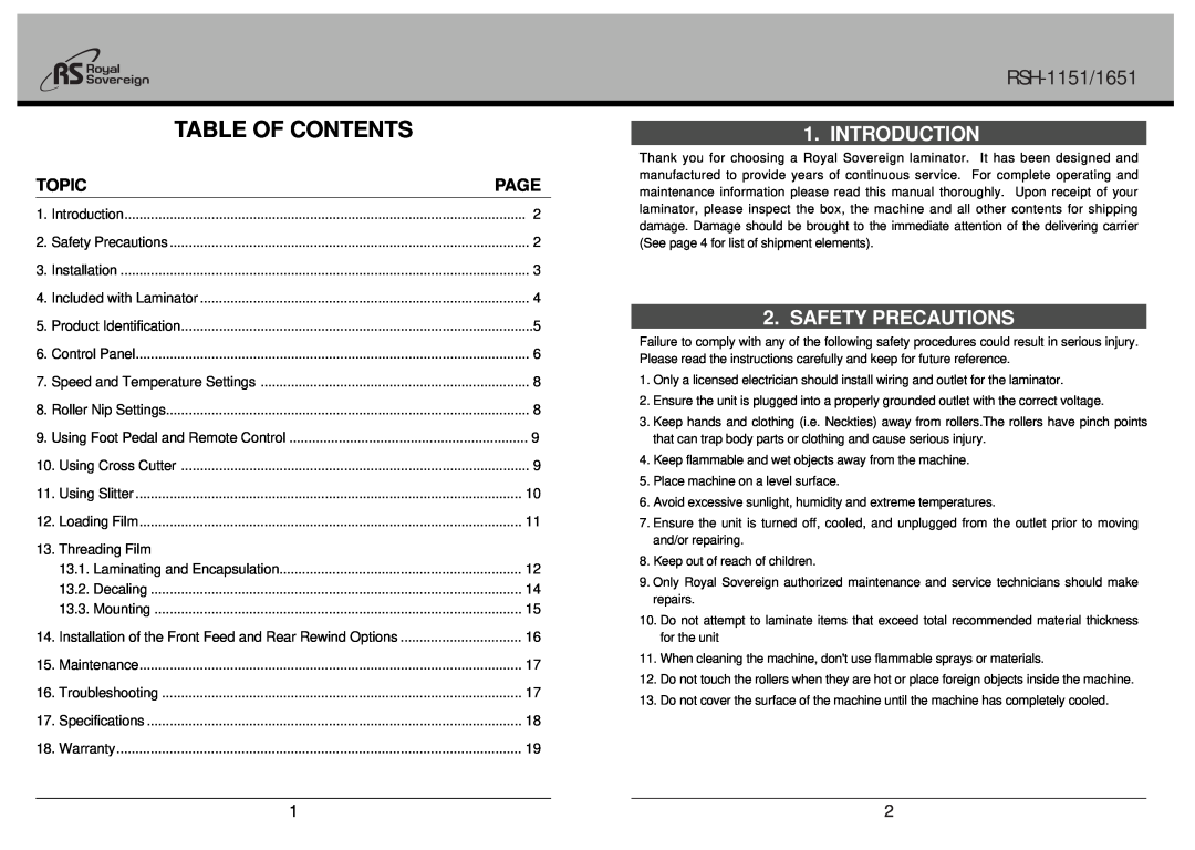 Royal Sovereign Introduction, Safety Precautions, Topic, Threading Film, Table Of Contents, RSH-1151/1651, Page 