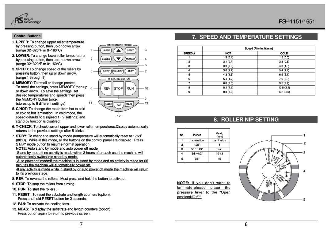 Royal Sovereign RSH-1651 owner manual Speed And Temperature Settings, Roller Nip Setting, RSH-1151/1651, Control Buttons 
