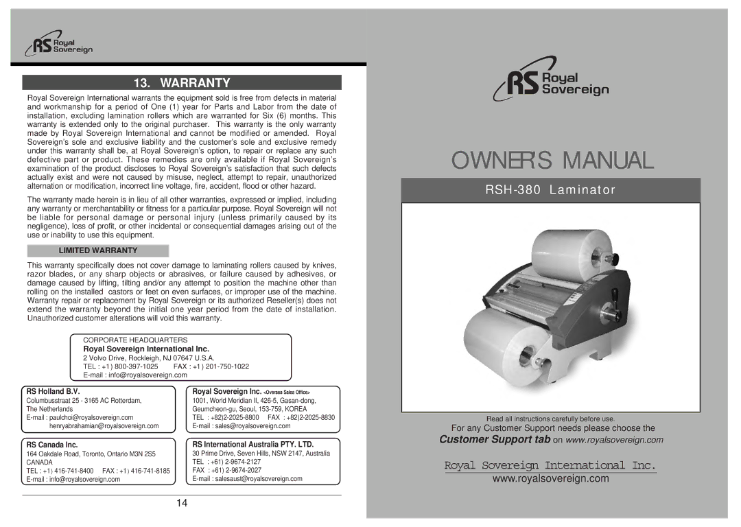 Royal Sovereign RSH-380 owner manual Warranty, Royal Sovereign International Inc 