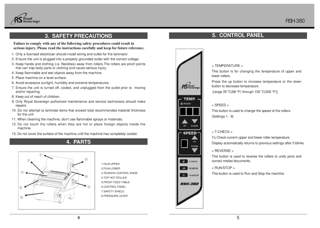 Royal Sovereign RSH-380 owner manual Safety Precautions, Parts, Control Panel 