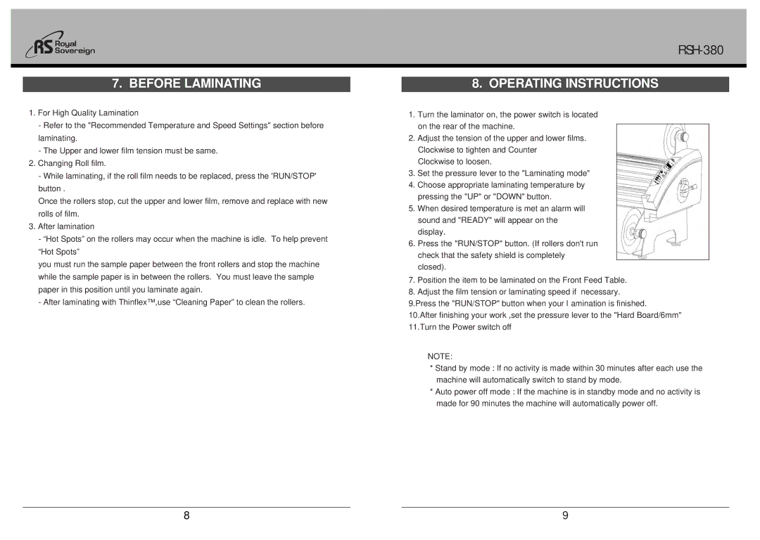 Royal Sovereign RSH-380 owner manual Before Laminating, Operating Instructions 