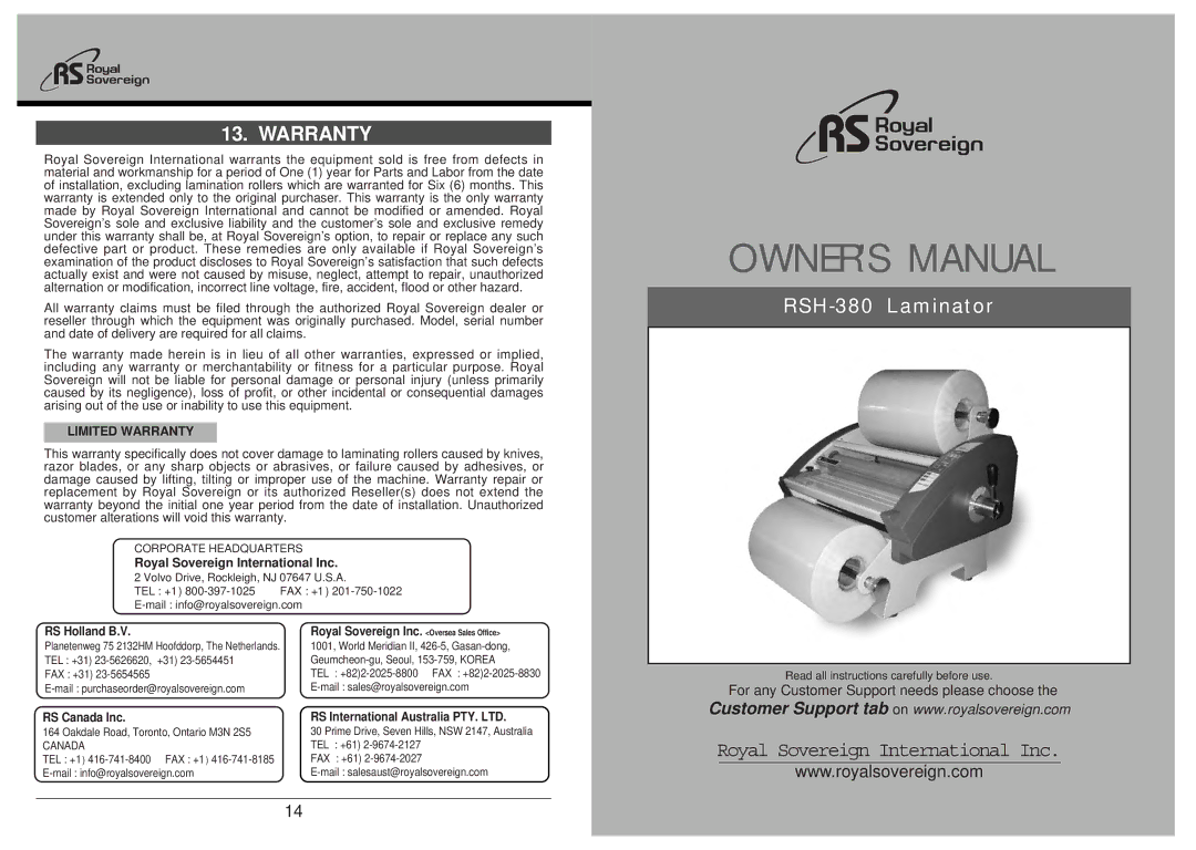 Royal Sovereign RSH-380 owner manual Warranty, Royal Sovereign International Inc 