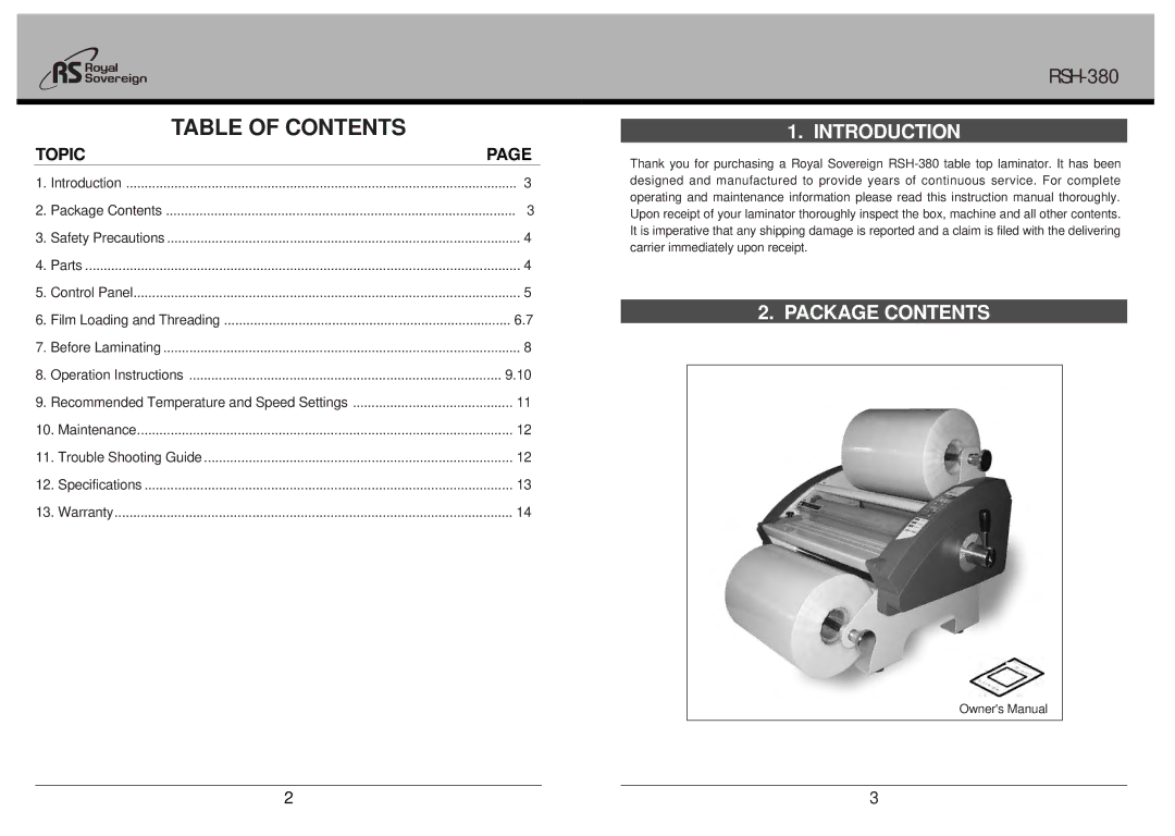 Royal Sovereign RSH-380 owner manual Table of Contents 