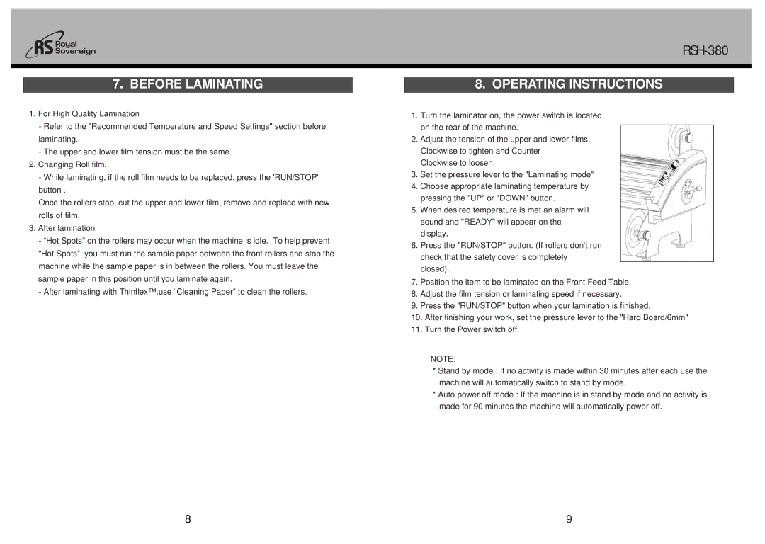 Royal Sovereign RSH-380 owner manual Before Laminating, Operating Instructions 