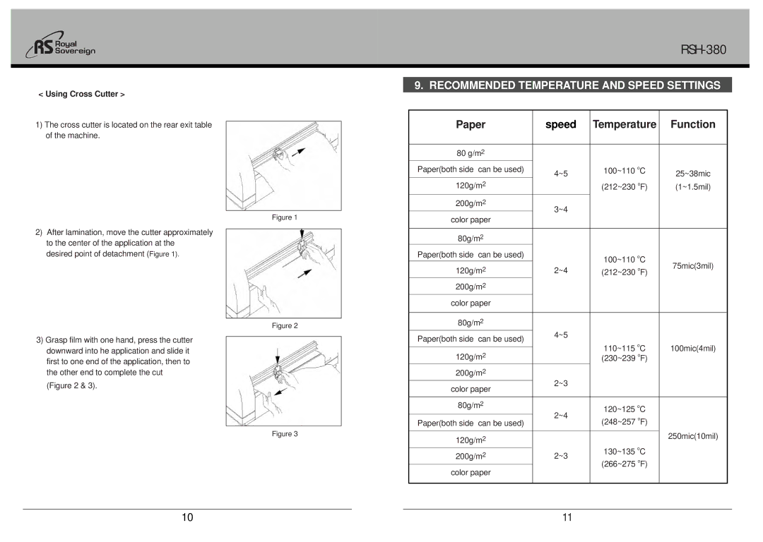 Royal Sovereign RSH-380 owner manual Recommended Temperature and Speed Settings, Using Cross Cutter 