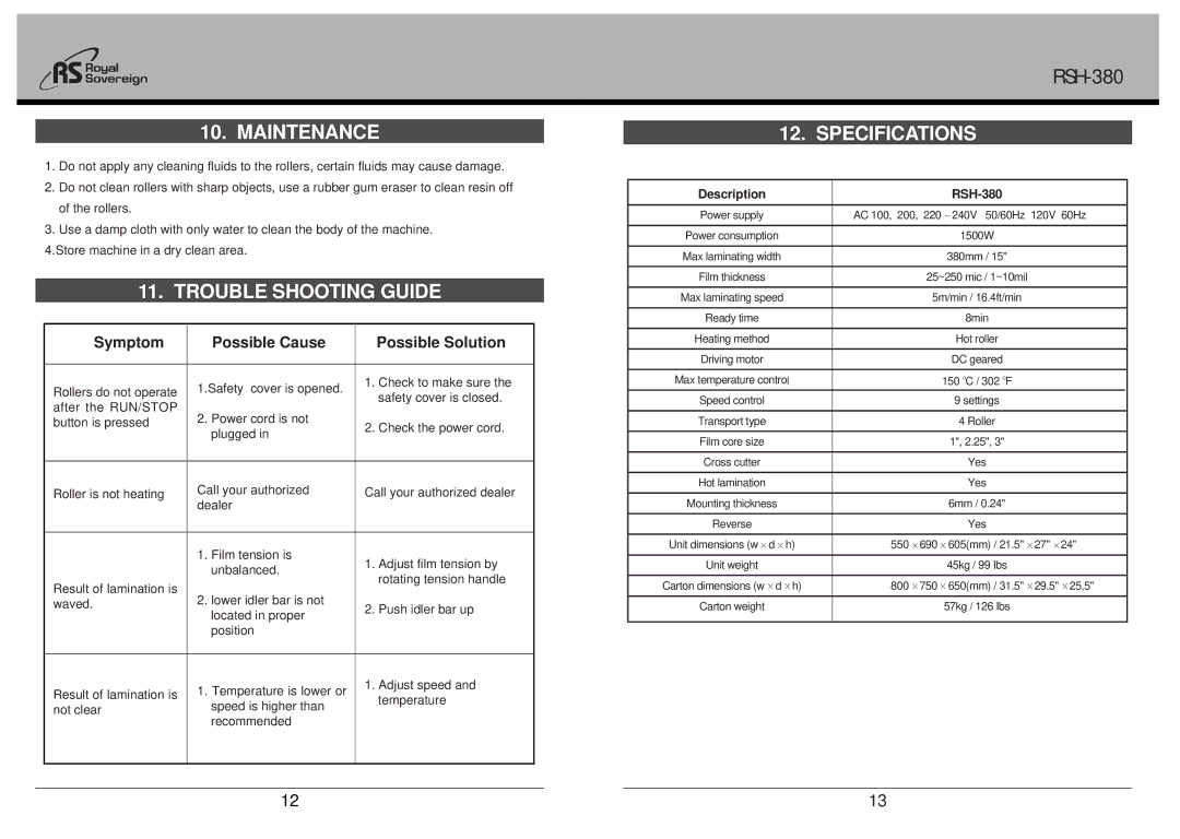 Royal Sovereign owner manual Maintenance, Trouble Shooting Guide, Specifications, Description RSH-380 