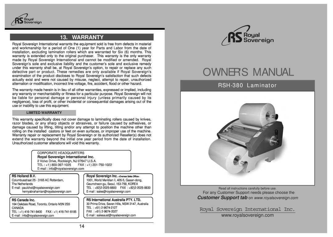 Royal Sovereign owner manual Warranty, RSH-380 Laminator, For any Customer Support needs please choose the 
