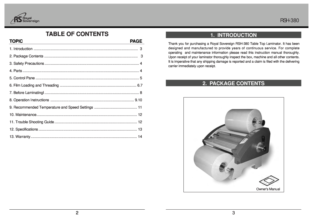 Royal Sovereign RSH-380 owner manual Introduction, Package Contents, Topic, Page, 9.10, Table Of Contents 