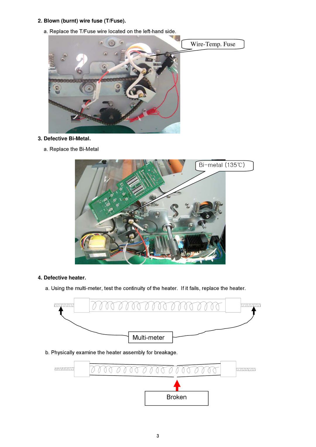 Royal Sovereign RSH-380SL service manual Wire-Temp. Fuse, Blown burnt wire fuse T/Fuse 