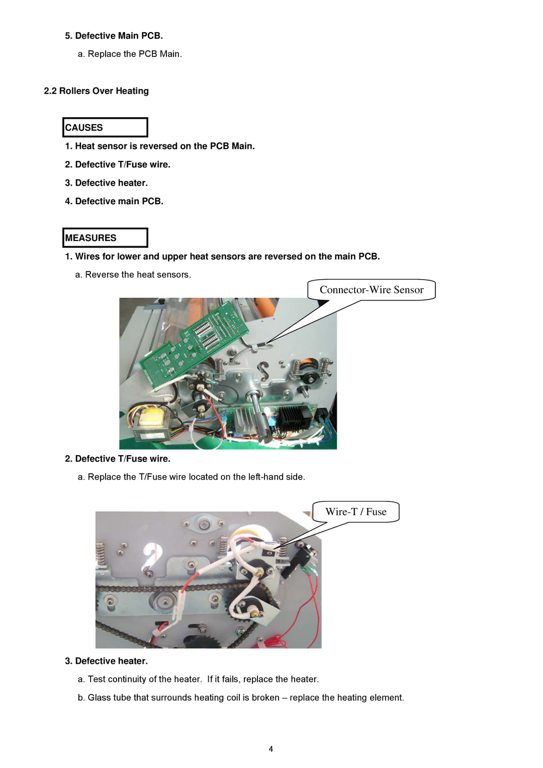 Royal Sovereign RSH-380SL service manual Connector-Wire Sensor, Wire-T / Fuse, Rollers Over Heating 