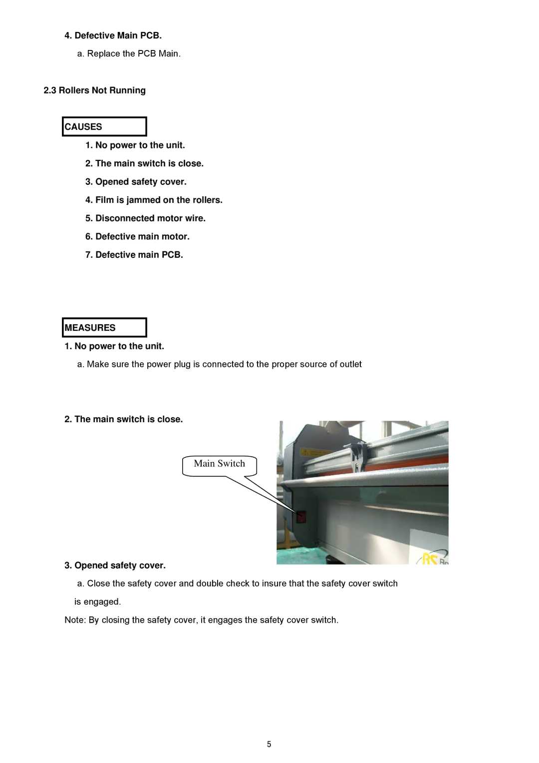 Royal Sovereign RSH-380SL service manual Rollers Not Running, No power to the unit 