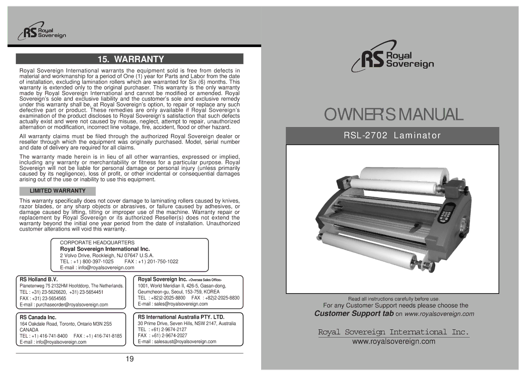 Royal Sovereign Laminator, RSL-2702 owner manual Limited Warranty 