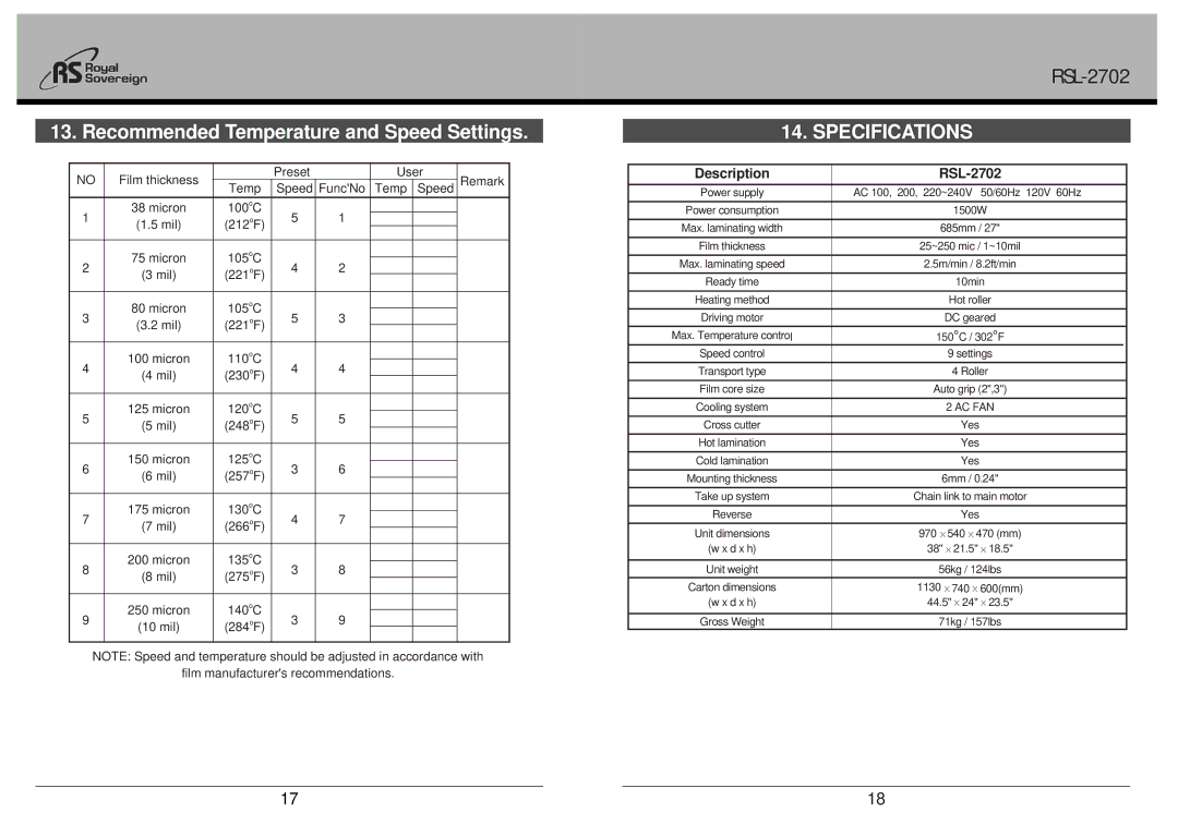 Royal Sovereign RSL-2702, Laminator owner manual Recommended Temperature and Speed Settings, Specifications 