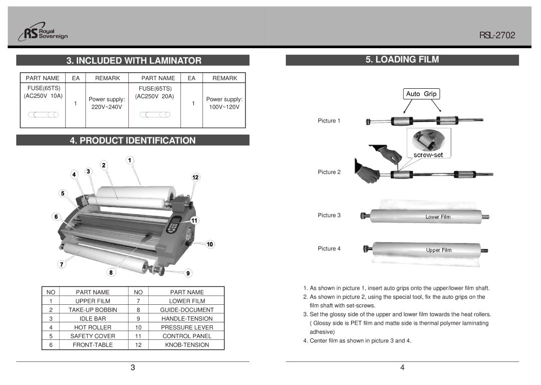 Royal Sovereign RSL-2702 owner manual Included with Laminator, Product Identification, Loading Film 