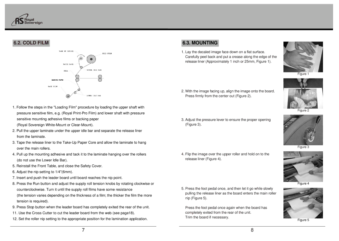 Royal Sovereign Laminator, RSL-2702 owner manual Cold Film, Mounting 