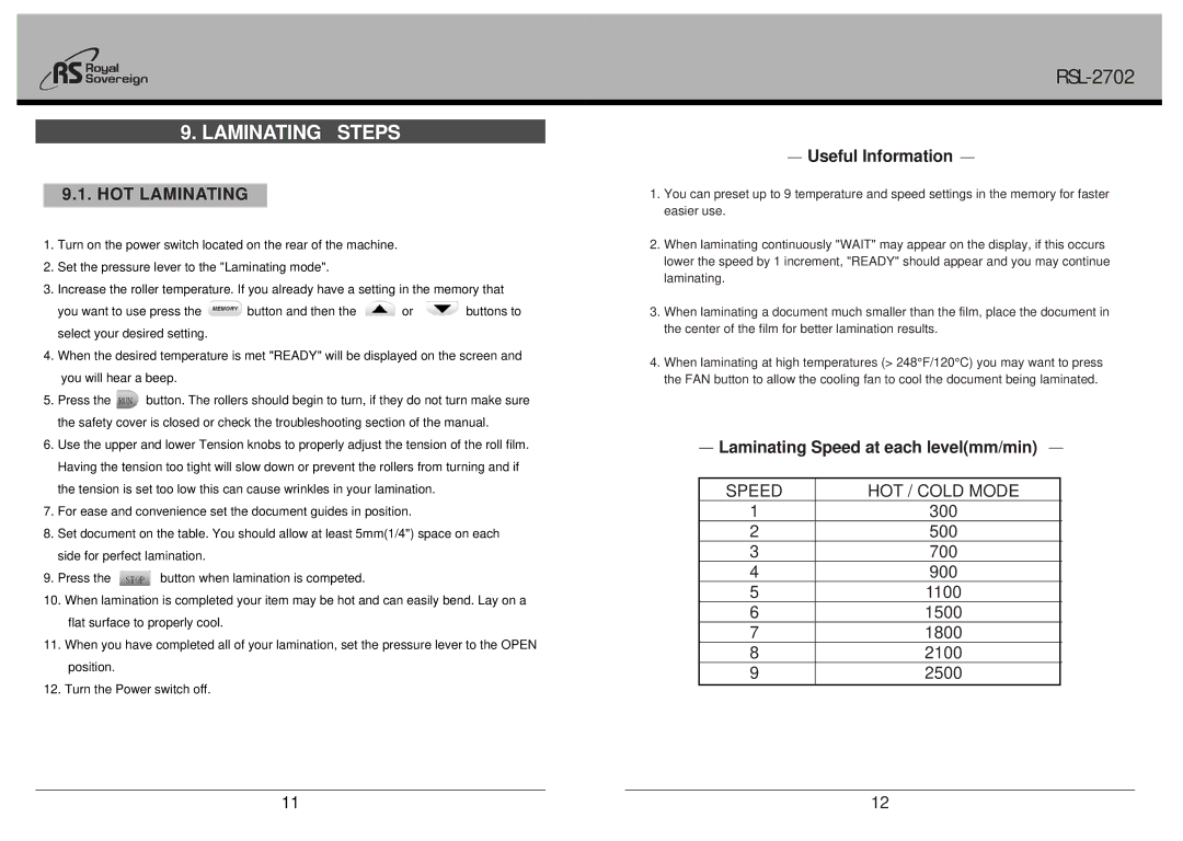 Royal Sovereign Laminator, RSL-2702 owner manual Laminating Steps, HOT Laminating 