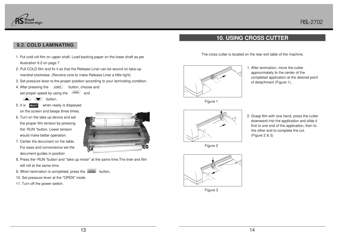 Royal Sovereign RSL-2702, Laminator owner manual Using Cross Cutter, Cold Laminating 