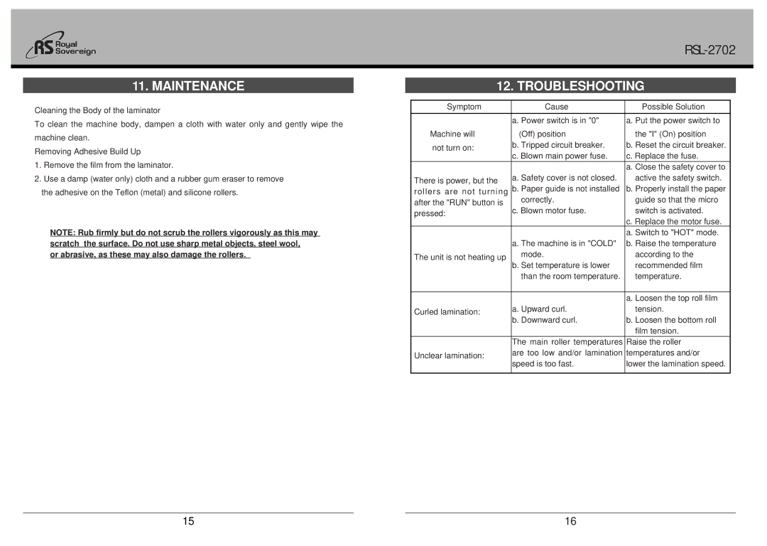 Royal Sovereign Laminator, RSL-2702 owner manual Maintenance, Troubleshooting 