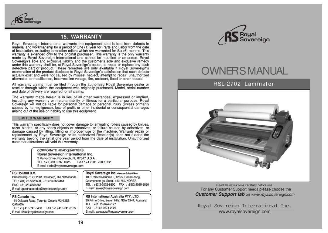 Royal Sovereign Laminator, RSL-2702 owner manual For any Customer Support needs please choose the, Limited Warranty 