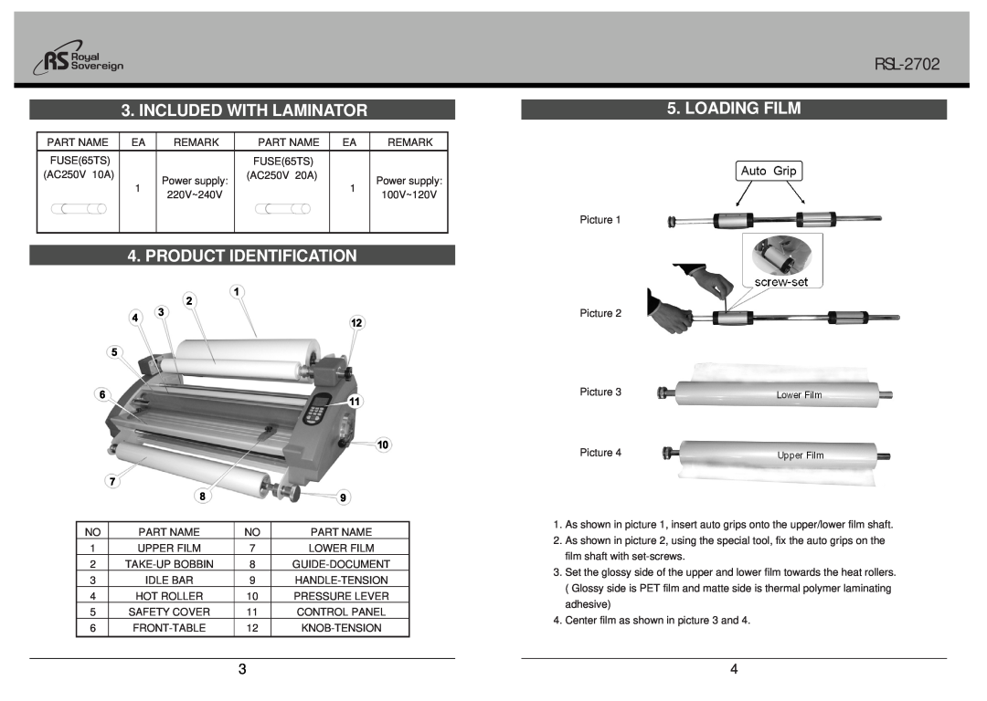 Royal Sovereign owner manual Included With Laminator, Product Identification, Loading Film, RSL-2702 