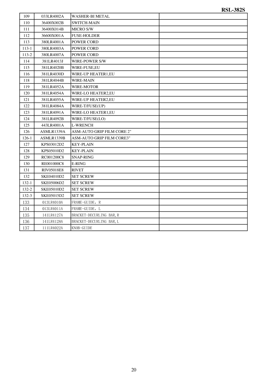 Royal Sovereign RSL-2702S, RSL-382S service manual 109 033LR4002A WASHER-BI Metal 