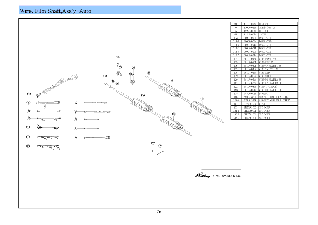 Royal Sovereign RSL-2702S, RSL-382S service manual Wire, Film Shaft,Assy-Auto 