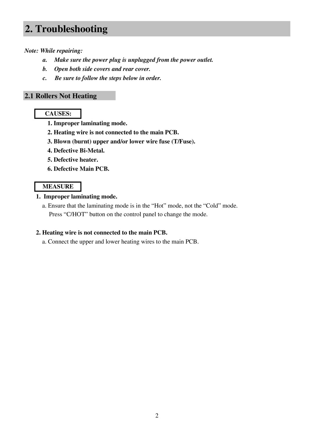 Royal Sovereign RSL-2702S, RSL-382S service manual Troubleshooting, Improper laminating mode 