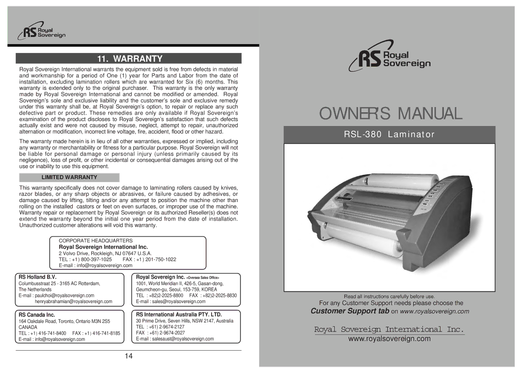 Royal Sovereign RSL-380 owner manual Warranty, Royal Sovereign International Inc, RS Holland B.V, RS Canada Inc 