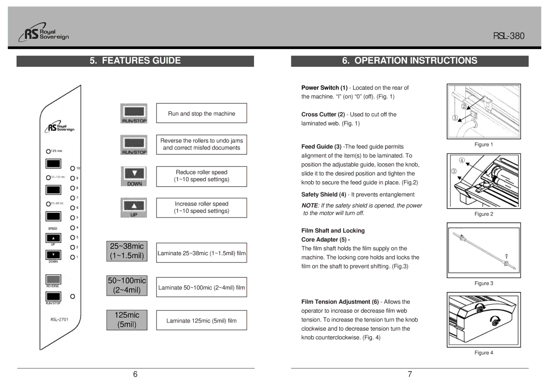 Royal Sovereign RSL-380 owner manual Features Guide, Operation Instructions, Film Shaft and Locking Core Adapter 